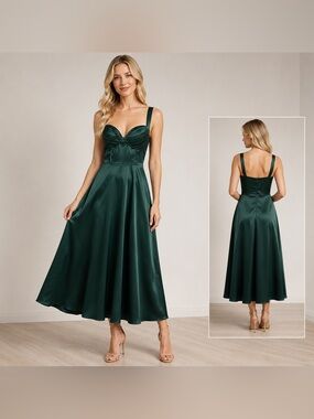 Emerald Green Satin Midi Dress with Sweetheart Bodice